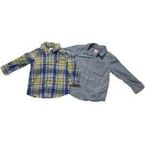 Carters Toddler Button Down Shirts Lot of 2 Plaid Striped 12M 18M Blue Yellow